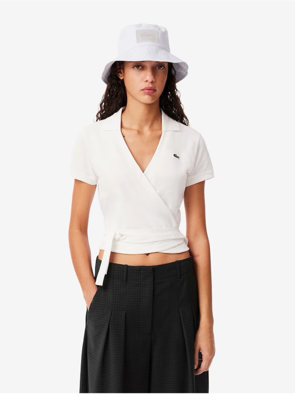 Lacoste Cream Wrap Polo Crop Top with Side Tie